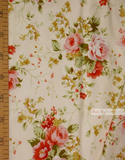 Tissu coton fleuri au metre ''Large Red Flowers On A Light Cream Field''}
