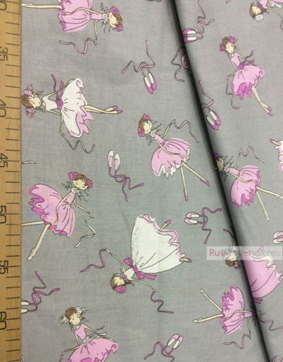 Nursery Print Fabric by the Yard ''Ballerinas In White, Pink Dresses On Gray''}
