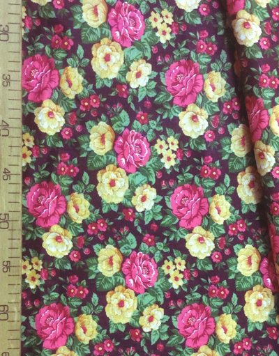 Tissu coton fleuri au metre ''Pink, Yellow Flowers On Maroon''}