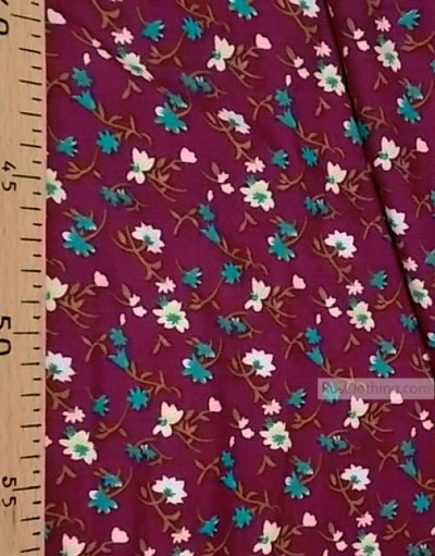 Viscose Fabric by the yard ''White And Turquoise Flowers On Burgundy''}