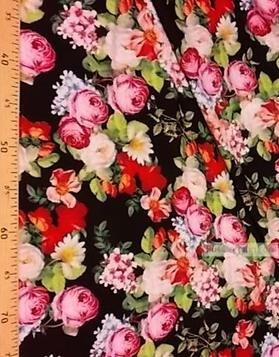 Viscose Fabric by the yard ''Roses And Daisies On Black''}