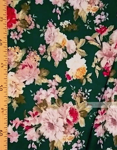 Viscose Fabric by the yard ''Flowers On Green''}