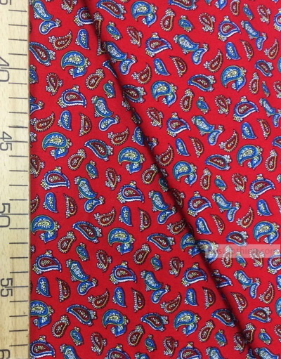 Viscose Fabric by the yard ''Dark Red, Blue Paisley On Scarlet''}