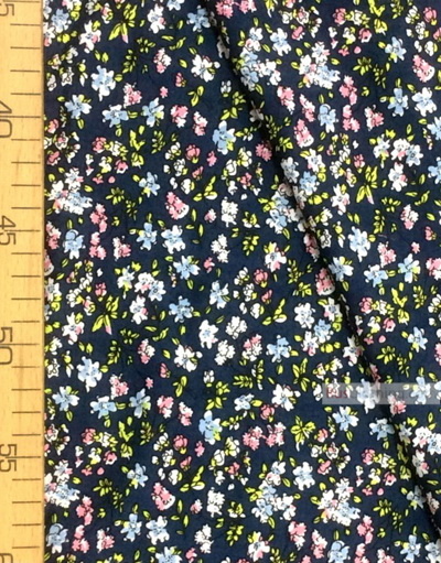 Viscose Fabric by the yard ''Blue, Pink Flowers On Gray-Blue''}