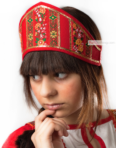 Red kokoshnik ''Dunya'' with ribbons