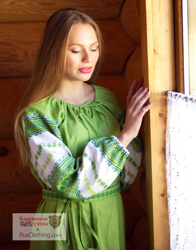 Russian linen green dress