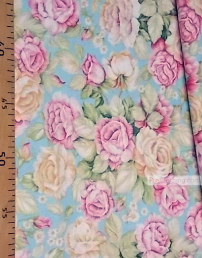 Floral cotton fabric by the yard ''Delicate Roses On Cream''}